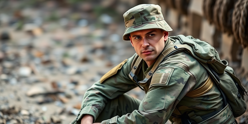 portrait of a soldier in camouflage uniform sitting on the ground in an outdoor setting with a neutral expression, shallow depth of field, natural lighting, 50mm lens, f/1.8, ISO 200, 1/200s, DSLR camera