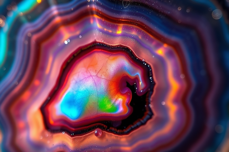 high-resolution close-up of iridescent agate stone with vibrant colors and intricate textures, ISO 100, f/8, 1/60 sec, macro lens, DSLR camera, soft natural lighting