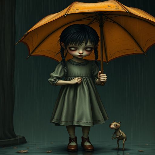 An eerie, weird little girl with dark hair in thin pigtails, wearing a smock dress, standing in the rain, holding a dirty orange umbrella, a small, odd creature beside her. In a surreal style inspired by Nicoletta Ceccoli and Brian Froud. Dark fantasy themes