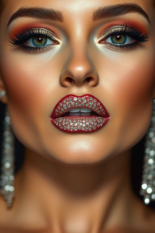 Glamorous woman lips embellished with crystal-encrusted gloss, full face portrait sparkling with red carpet-worthy sophistication