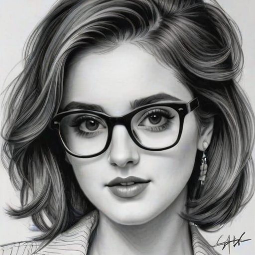 Magnificent Laura Marano, pencil sketch, portrait of Alluring woman 1955s in glasses, hair style beatnik, outline, clear lines, fine lines, 8k
