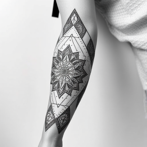 Intricate blackwork geometric tattoo covering the entire arm, showcasing precise linework and intricate patterns inspired by sacred geometry, with subtle dotwork shading for depth and dimension
