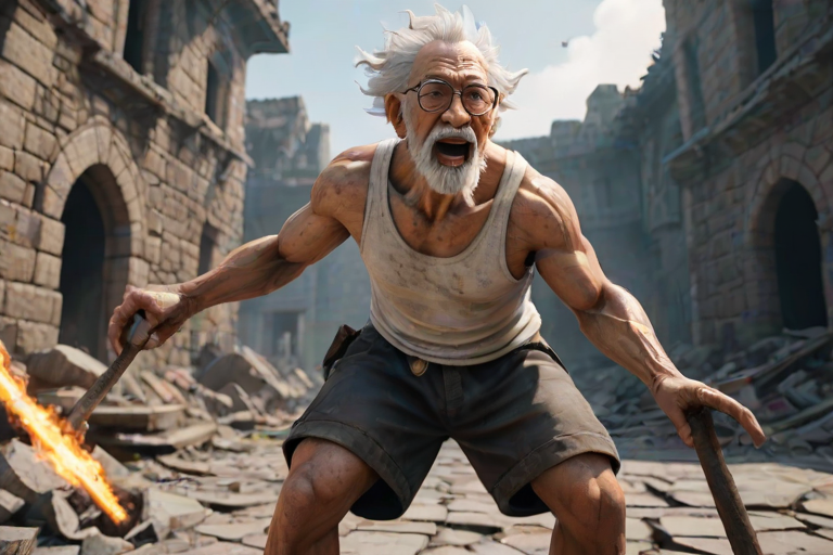 Cartoon 3D High-Resolution,dynamic battle scene using Unreal Engine 5 and Octane Render. The scene features back of an elderly, thai man with a beard,messy hair and round golden-rimmed glasses. He is wearing a tattered tank top with soot marks, shorts, and sandals. sweating. he wields a baseball bat. He jump to fight with a white fire-breathing Europe dragon amidst a partially destroyed stone castle. Include intense flames, smoke, and debris to enhance the dramatic effect.