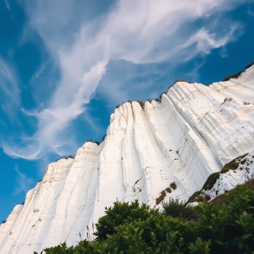 Capture a high-resolution image of a white chalk cliff under a blue sky with wispy clouds, using a wide-angle lens at f/8, ISO 100, 1/200s, with a low-angle perspective to emphasize the height and texture of the cliff and surrounding greenery.
