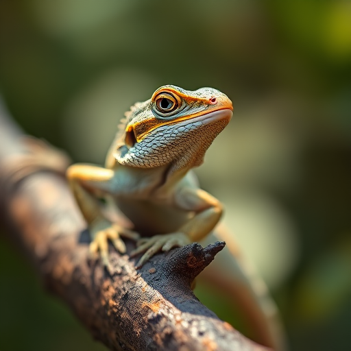 Capture a close-up image of a lizard perched on a tree branch with sharp focus, using a Canon EOS R5 with an aperture of f/2.8, ISO 200, shutter speed of 1/200 sec, in natural light to enhance details and textures.
