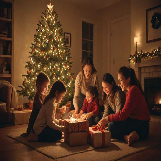 Warmly lit photo of a family gathered around a Christmas tree, children eagerly unwrapping gifts, soft glow from the tree lights casting festive shadows, with the smell of pine and cinnamon filling the air.