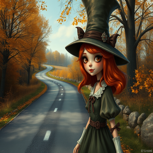 digital art fantasy depicting a strange girl with orange hair, long eyelashes, brown lipstick and a tall hat walking along a winding road on an autumn afternoon, an Oyster smiles as she passes