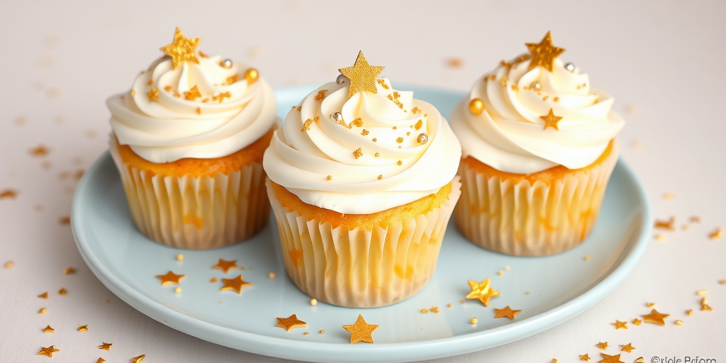 Three beautifully decorated cupcakes with swirls of white frosting topped with golden star sprinkles and silver balls on a light blue plate surrounded by scattered sprinkles. The background is soft and neutral.
