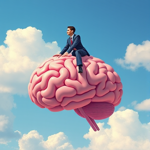 Create an illustration of a man in a suit riding a giant pink brain against a bright blue sky with fluffy white clouds, using high-resolution digital art style, shot with a 50mm lens at f/2.8 for a shallow depth of field, with vibrant colors and clean lines for enhanced clarity.