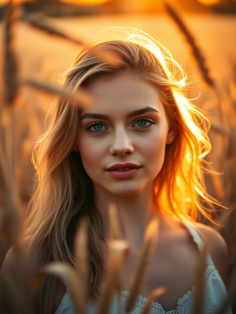 A serene young woman in a wheat field at sunset, soft golden light illuminating her face, shot with a Canon EOS R5, 50mm f/1.2 lens, aperture f/2.8, ISO 100, shallow depth of field, warm color grading, natural framing with wheat stalks.