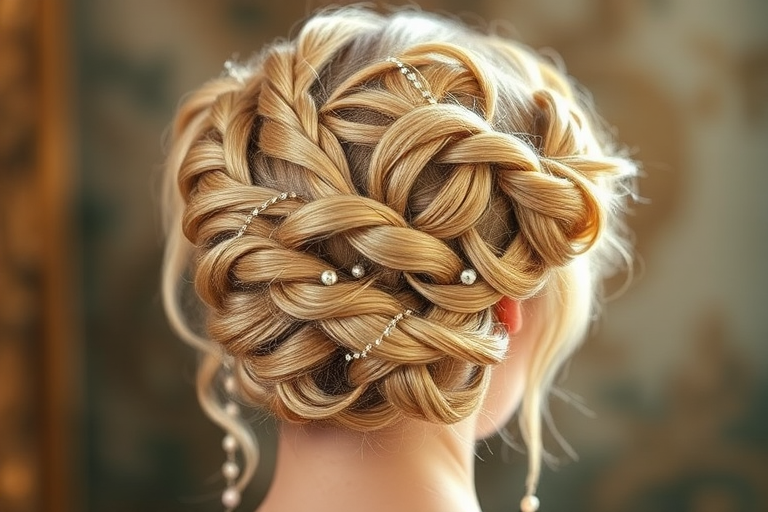 Gilded Champagne Shimmer boasts a luxurious blend of pale gold and warm beige tones, styled in an intricate updo with delicate braided details and pearl accents