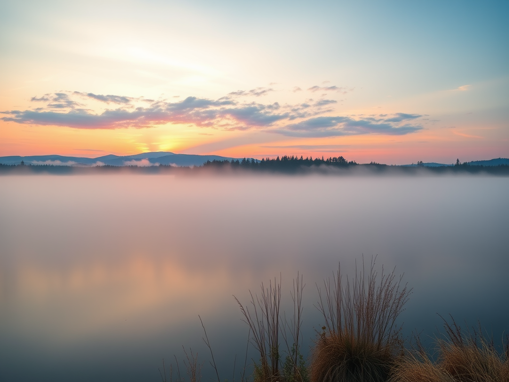 Create a high-resolution image of a serene landscape at sunrise with a gentle fog rolling over a lake, captured with a DSLR camera at f/8 aperture, ISO 100, 1/200 sec shutter speed, wide-angle lens, and soft focus for enhanced depth.