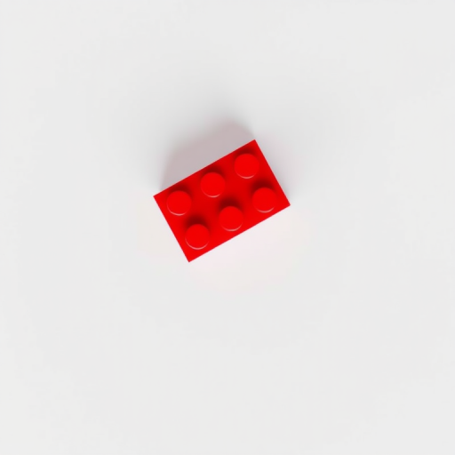 High-resolution image of a red LEGO brick on a white background, taken with a DSLR camera, using a 50mm lens, f/2.8, ISO 100, soft lighting, overhead view, focused on sharp detail and vibrant color.