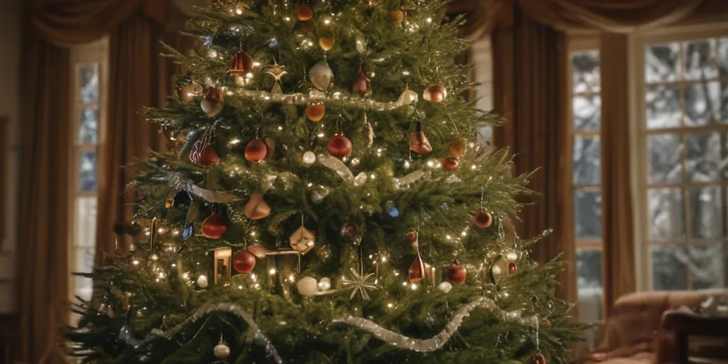 Beautifully Decorated Christmas Tree Sparkling with Lights and Ornaments