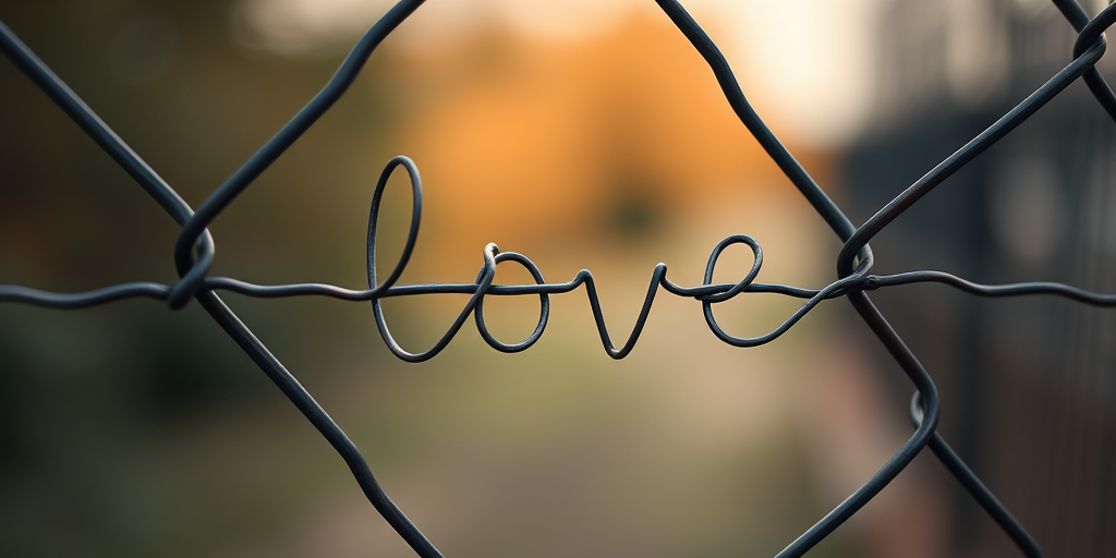 Create an image of a close-up view of a chain-link fence with a wire forming the word "love" threaded through it, using a Canon EOS 5D Mark IV, aperture f/2.8, shutter speed 1/200 sec, ISO 100, natural soft lighting, shallow depth of field for a blurred background.