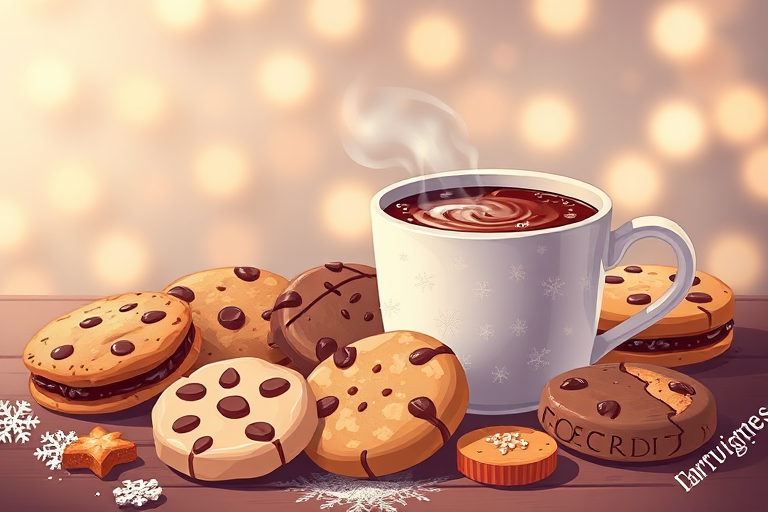 Generate an illustration of a variety of cookies and a cup of hot chocolate, displayed artistically, with a soft-focus background, using a digital camera at f/2.8, ISO 100, 50mm lens, in a studio lighting setup for vibrant colors and enhanced details.