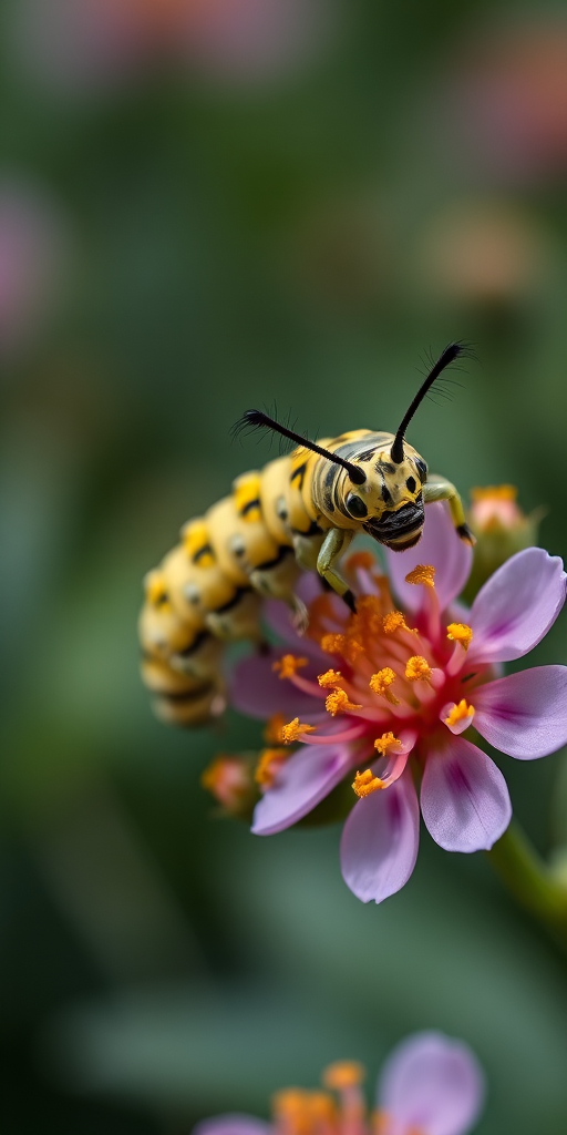 Close-up shot of a caterpillar on flowers, using a macro lens, aperture f/2.8, shutter speed 1/200 sec, ISO 100, natural light, taken with a DSLR camera from a low angle to emphasize details.