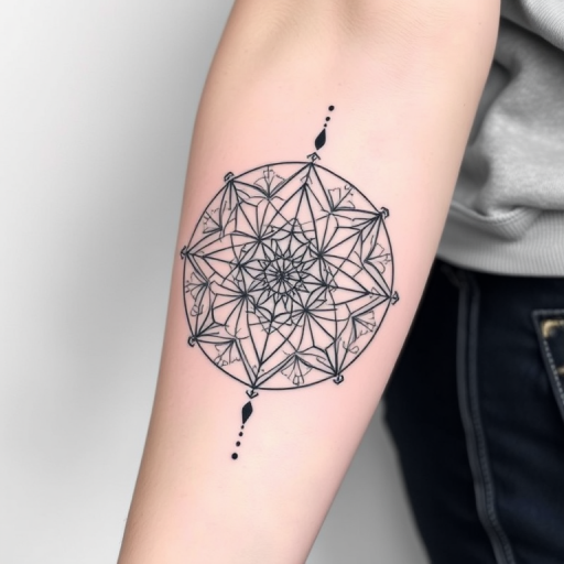 Minimalist blackwork tattoo called "Geometric Harmony" showcasing intricate sacred geometry patterns, fine line mandala designs, and subtle dotwork shading, ideal for arm or leg placement
