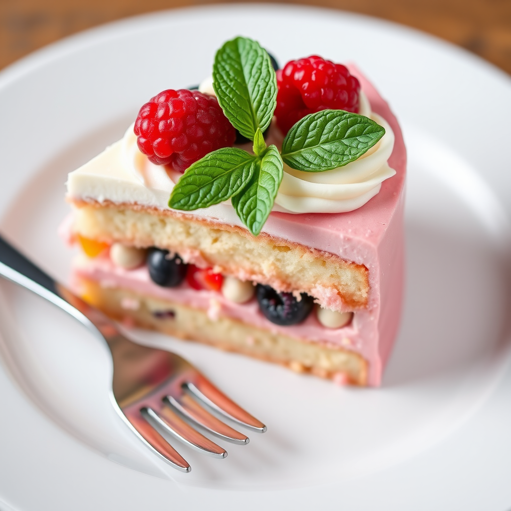 A slice of layered cake with pink and white frosting showcasing mixed berries including raspberries and blueberries on top garnished with a mint leaf served on a white plate with a fork beside it.