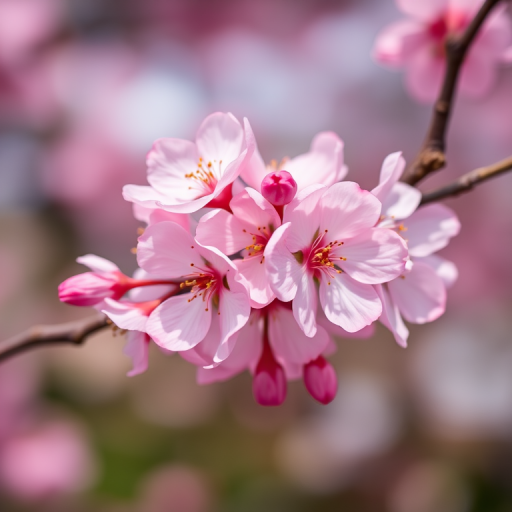 Close-up of pink cherry blossoms on a branch, soft focus background, natural lighting, ISO 100, aperture f/2.8, shutter speed 1/200s, taken with a DSLR camera, macro lens, shallow depth of field.