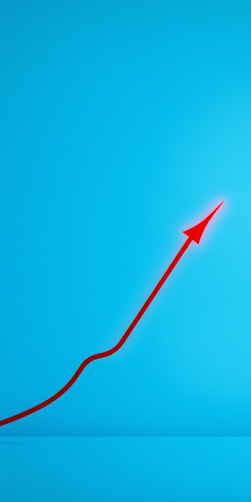 Create an image of an upward trending graph with a bright red line against a smooth blue background with horizontal stripes, using a DSLR camera with a 50mm lens, f/1.8 aperture, ISO 100, and a shutter speed of 1/250 seconds for sharp focus and vibrant colors.