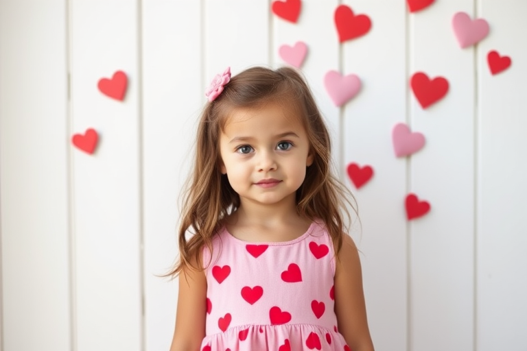 A young girl in a pink dress with red hearts stands in front of a white wooden wall decorated with hearts, shot with a Canon EOS 5D Mark IV, 50mm lens, f/2.8 aperture, ISO 100, in soft natural light, shallow depth of field, portrait view.