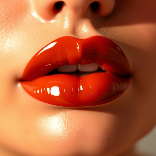 Glossy caramel lips with a high-shine finish, warm and inviting, evoking thoughts of sweet indulgence and sensuality