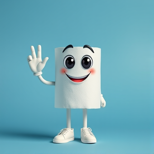 create a cartoon character of a toilet paper roll with arms and legs, expressive eyes, and wearing white shoes, holding up two fingers to signal 'stop', set against a smooth blue gradient background, using a DSLR camera with a 50mm lens, aperture f/2.8, ISO 100, and natural lighting for enhanced clarity and detail