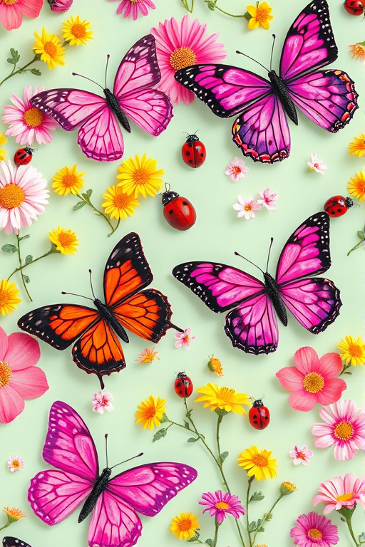 create a vibrant floral pattern featuring colorful butterflies in shades of pink, purple, and red, alongside yellow flowers and ladybugs on a soft mint green background, captured with a Canon EOS R5, 50mm lens, f/2.8 aperture, 1/125s shutter speed, and ISO 100 for optimal clarity and color saturation.