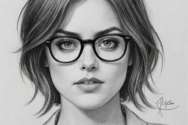 Gorgeous Jessica Stroup, pencil sketch, portrait of Enchanting woman 1922s in glasses, hair style beatnik, outline, clear lines, fine lines, 8k