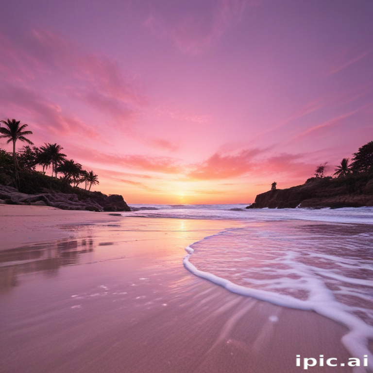 Serene Sunset Over Tranquil Beach with Gentle Waves and Palm Trees