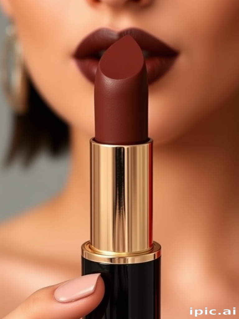 Rich chocolate brown lipstick dubbed "Cocoa Couture" with a velvet-matte finish and a hint of warm undertones for a sophisticated pout