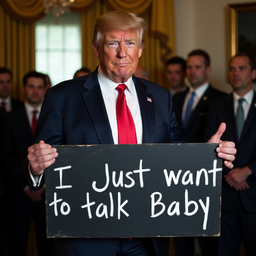 a photo of donald trump holding a sign board with a text "i just want to talk baby"