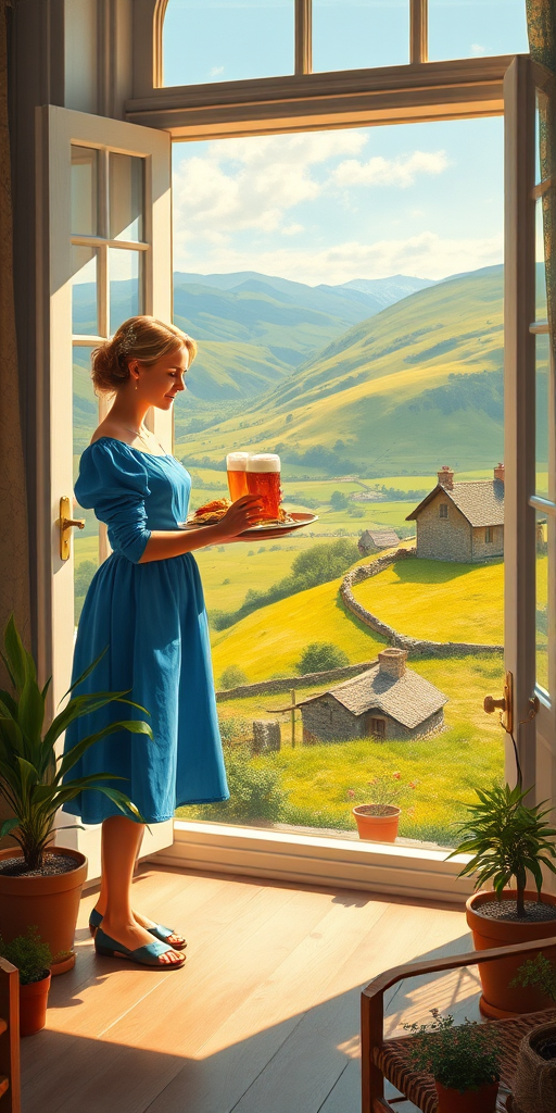 In "A Glass of Beer on the Highland," a serene scene is depicted in a sunlit room where a woman in a vibrant blue dress stands by a large window. She holds a tray with a hearty meal and a frothy glass of beer, embodying a moment of relaxation. Outside, the breathtaking highland landscape features rolling green hills and a charming traditional house, all bathed in warm afternoon light. The interior is adorned with potted plants, creating a harmonious blend of comfort and nature. The painting beautifully captures the tranquility and joy found in simple pleasures amidst stunning scenery