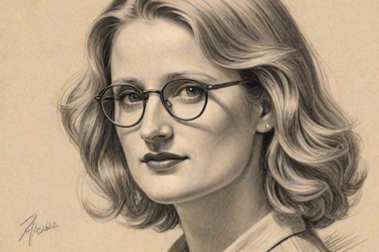 Ravishing Mamie Gummer, pencil sketch, portrait of Delightful woman 1931s in glasses, hair style beatnik, outline, clear lines, fine lines, 8k