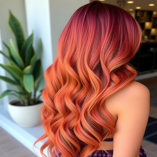 Radiant copper-red mermaid waves flowing past the waist, crafted by Autumn Ember, exhibiting a gradient effect from deep burgundy to bright tangerine, enhanced with subtle rose gold balayage and beachy textures