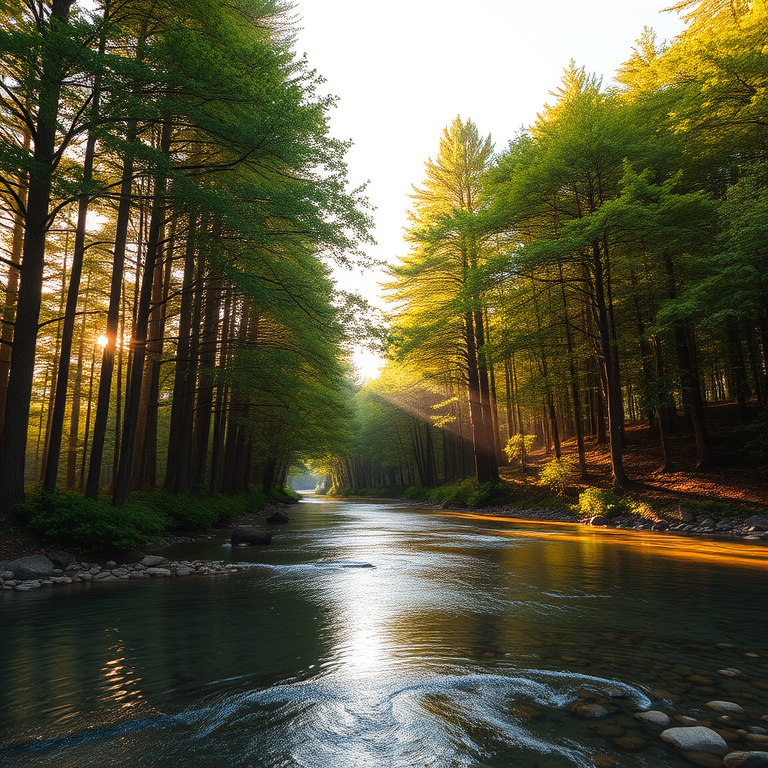 Create an image of a serene, sunlit forest scene with a clear, gently flowing river. Tall trees with lush green foliage line both sides of the river, their leaves bathed in the warm golden light of the setting or rising sun. The sunlight filters through the trees, casting soft, dappled light on the river, which flows over smooth rocks and pebbles, creating a peaceful, natural atmosphere. The sky is bright with a few scattered clouds, and the overall mood is tranquil, evoking a deep sense of connection with nature. The image captures the beauty of a calm, pristine forest landscape at either dawn or dusk.