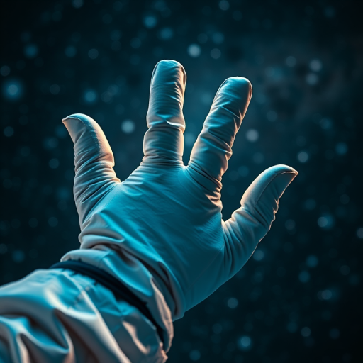 Capture an astronaut's gloved hand making a gesture against a starry space background, using a DSLR camera with a 24mm lens, aperture set to f/2.8, ISO 800, shutter speed 1/60s, shot in macro style to emphasize details and textures.