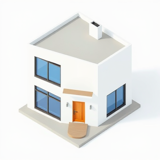 regenerate an isometric view of a modern, minimalist house with a flat roof, featuring large blue windows and a wooden door, using a Canon EOS R5 with a 24-70mm f/2.8 lens, at f/8, ISO 100, with soft natural lighting for even exposure.