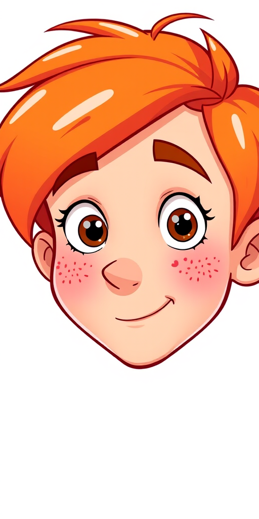 Create a high-resolution digital illustration of a cartoon face with orange hair and freckles, using a 50mm lens at f/2.8, shot from a straight-on view, with a vibrant color palette and smooth vector style.