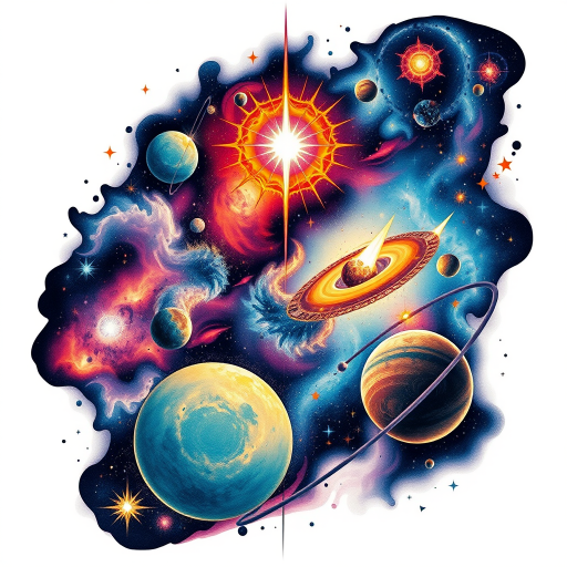 Cosmic tattoo design known as "Celestial Journey" depicting a mesmerizing space scene with galaxies nebulae and planets rendered in vibrant colors and intricate details creating a sense of wonder and exploration
