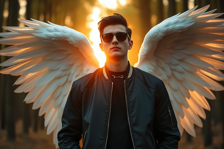young man in a black bomber jacket and sunglasses with large white angel wings standing in a forest with golden light behind him, shot with a Canon EOS R5, 50mm lens, f/1.8, ISO 200, 1/250 sec, soft focus background, high dynamic range