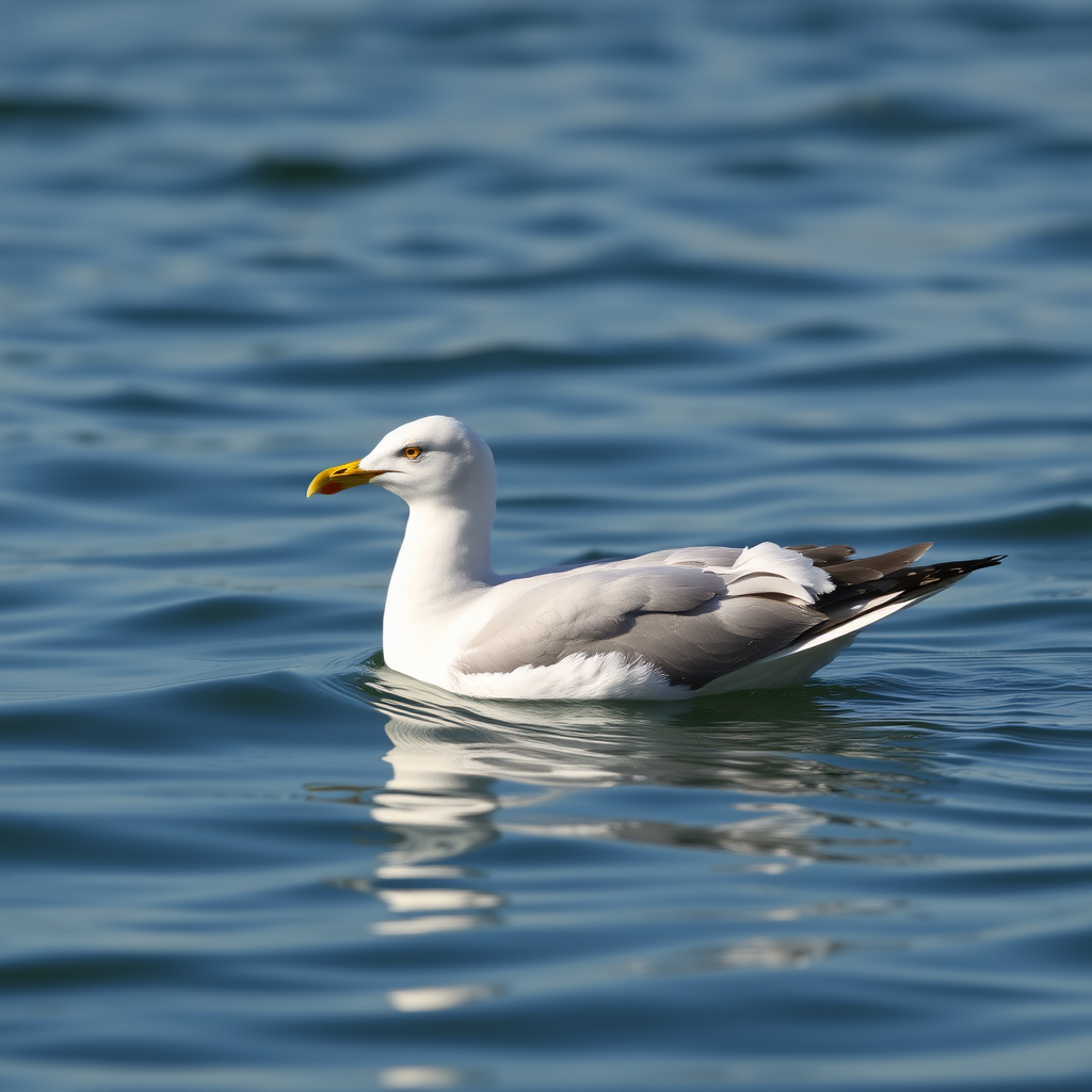 A seagull swimming in calm water, captured with a DSLR camera, 85mm lens, aperture f/4, shutter speed 1/1000s, ISO 200, natural light, shallow depth of field, focus on the bird with a blurred background.