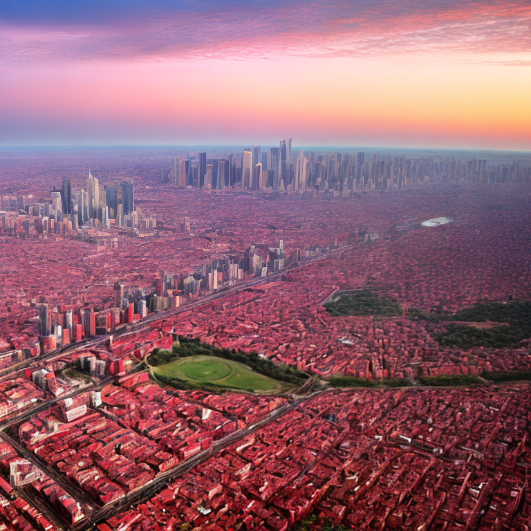 red city with tall and rectangular buildings, a red sky and blood rain