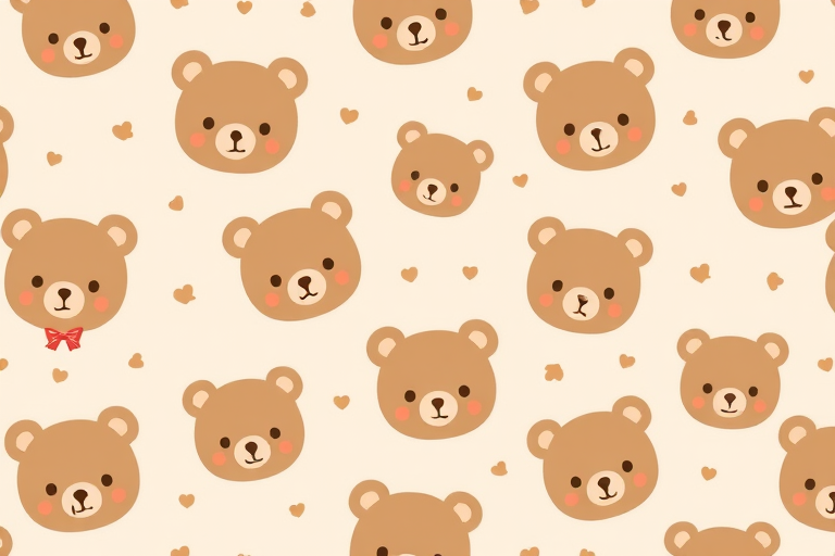 Cute pattern featuring cartoon bear faces in soft brown tones with small bows scattered on a light beige background. The bears have simple facial features and a friendly expression, creating a whimsical and adorable design.