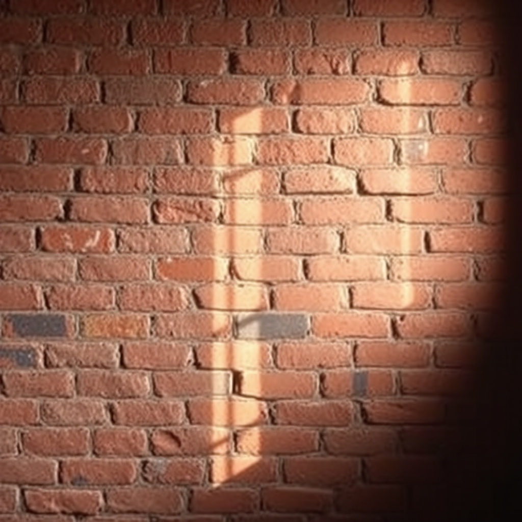 create an image of a rustic red brick wall with varied textures and colors, captured with a DSLR camera, 50mm lens, f/8 aperture, ISO 100, natural lighting from a side window, with a slight vignette effect for depth