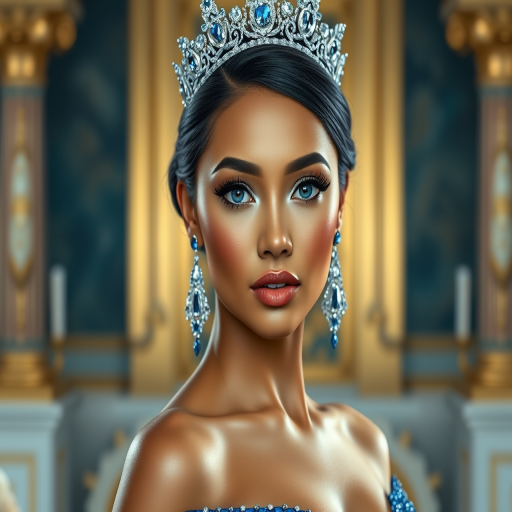 A gorgeous Pacific Islander woman in a luxurious blue gown, accessorized with a dazzling tiara and statement earrings, her deep blue eyes highlighted by impeccable makeup, poised in a royal setting, photorealistic, 8K quality