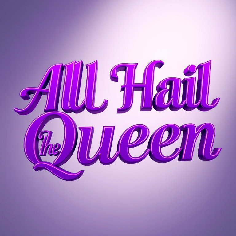 Create a three-dimensional text design that reads "All Hail The Queen" in elegant, bold typography, using vibrant purple shades with a glossy finish and soft shadows; set against a soft-focus gradient background, captured with a DSLR camera at f/2.8, ISO 100, 50mm lens, with natural lighting for enhanced depth and clarity.