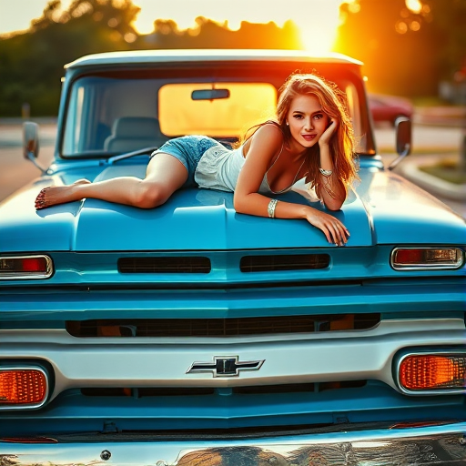 Portrait of a woman lounging on the hood of a classic blue Chevrolet truck during golden hour, low angle view, natural lighting, 50mm lens, f/1.8 aperture, ISO 200, soft focus background, cinematic style.