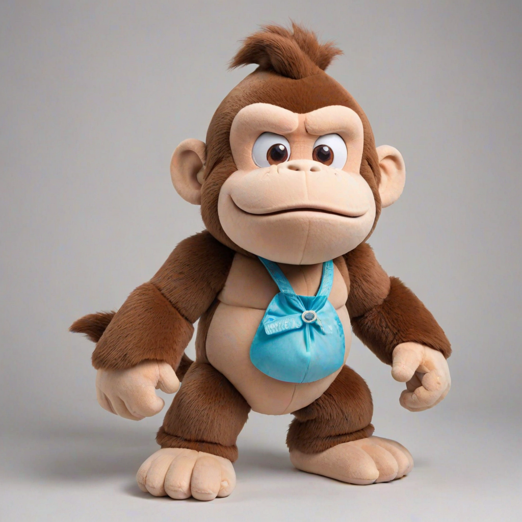 Donkey Kong children's version of an adorable and cute cotton plush with a full body on a white background. A good front pose is visible with extreme quality and every detail. The image features good lighting, a well-chosen color palette, and a 3D appearance.